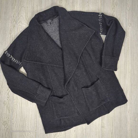 Lucky Brand Women Medium Flyaway Cardigan Sweater Jacket Coat Black White - Picture 1 of 11